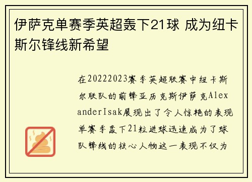 伊萨克单赛季英超轰下21球 成为纽卡斯尔锋线新希望